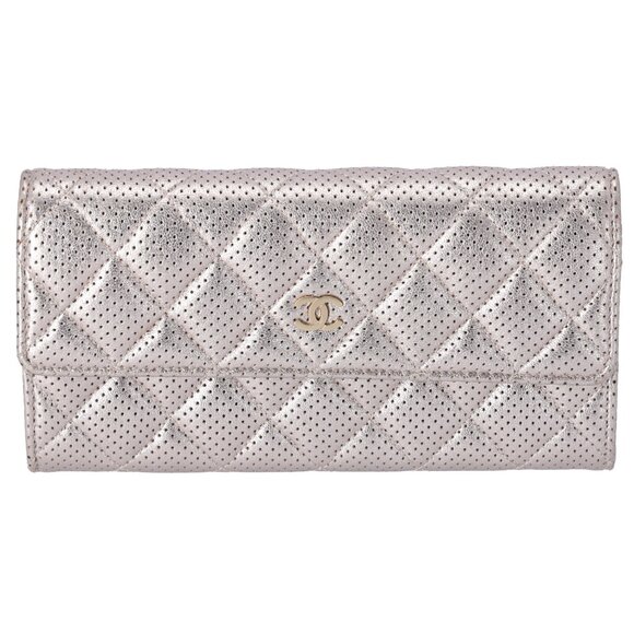 CHANEL Metallic Perforated Lambskin Quilted Large Gusset Flap Wallet Rose Gold - Picture 1 of 9
